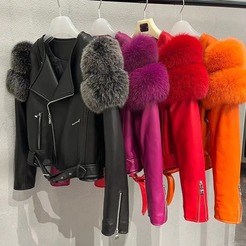 Autumn Winter Luxury Women Real Sheep Leather Jacket With Fur Lambskin Coats Lady Genuine Leather Jackets Female Outwear GT5081