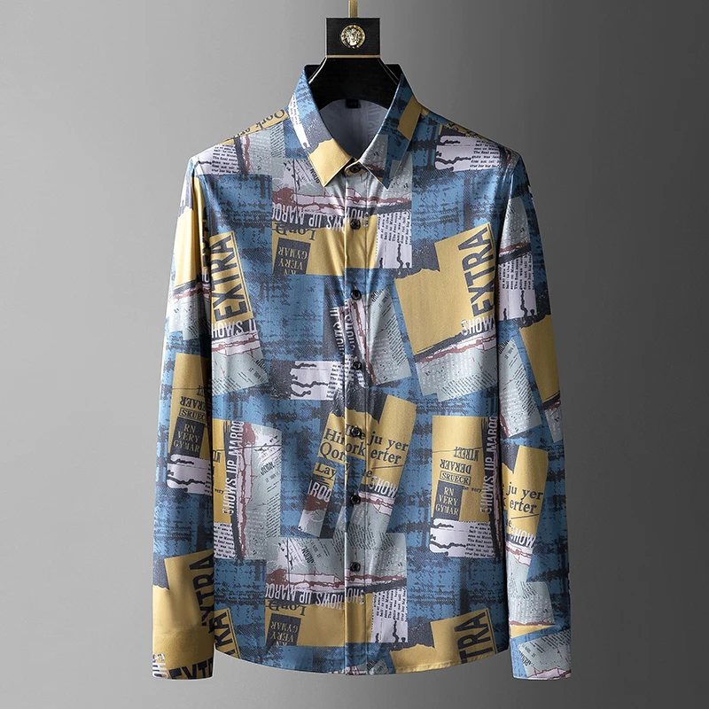 

Брендовые винтажные рубашки с принтом для мужчин, Тонкая Повседневная рубашка с длинным рукавом, мужская деловая формальная рубашка, уличн...