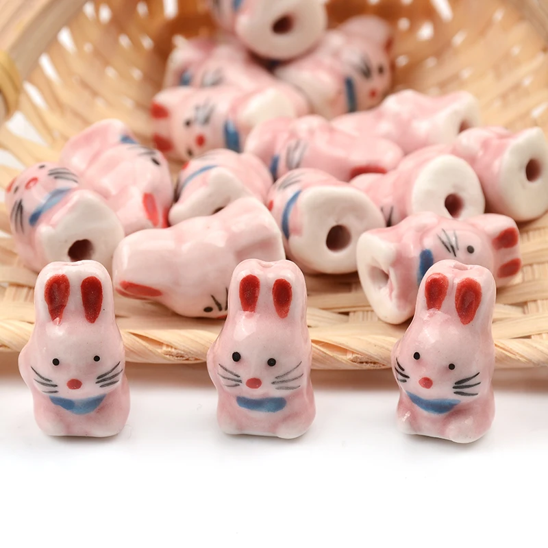 

12x21mm Hand Painted Cute Pink Rabbit Porcelain Ceramic Beads for Jewelry Making Supplies Loose Spacer Beads Accesorios Diy
