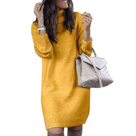 Женское вязаное платье-свитер до колен, с длинным рукавом
