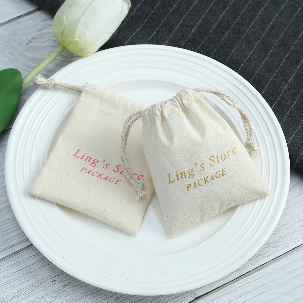 100pcs Customize Logo Print Pouches Storage Packaging Drawstring Nature Cotton Jute Ring Earings Gift Bags Organizer for Jewelry