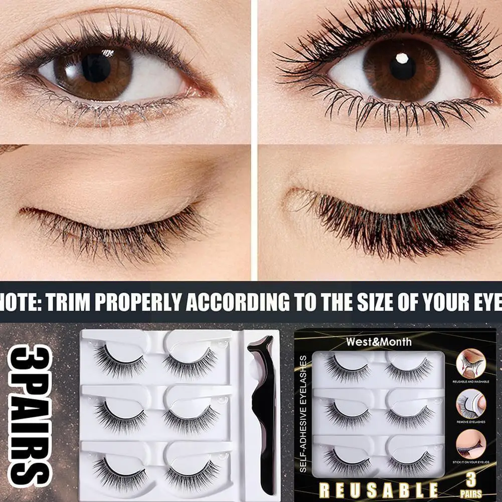 

3 Pairs Self-adhesive False Eyelashes Man-made Fiber Natural Eyelashes Black Lengthen No Required Slender Soft Glue Eyelash U8j5