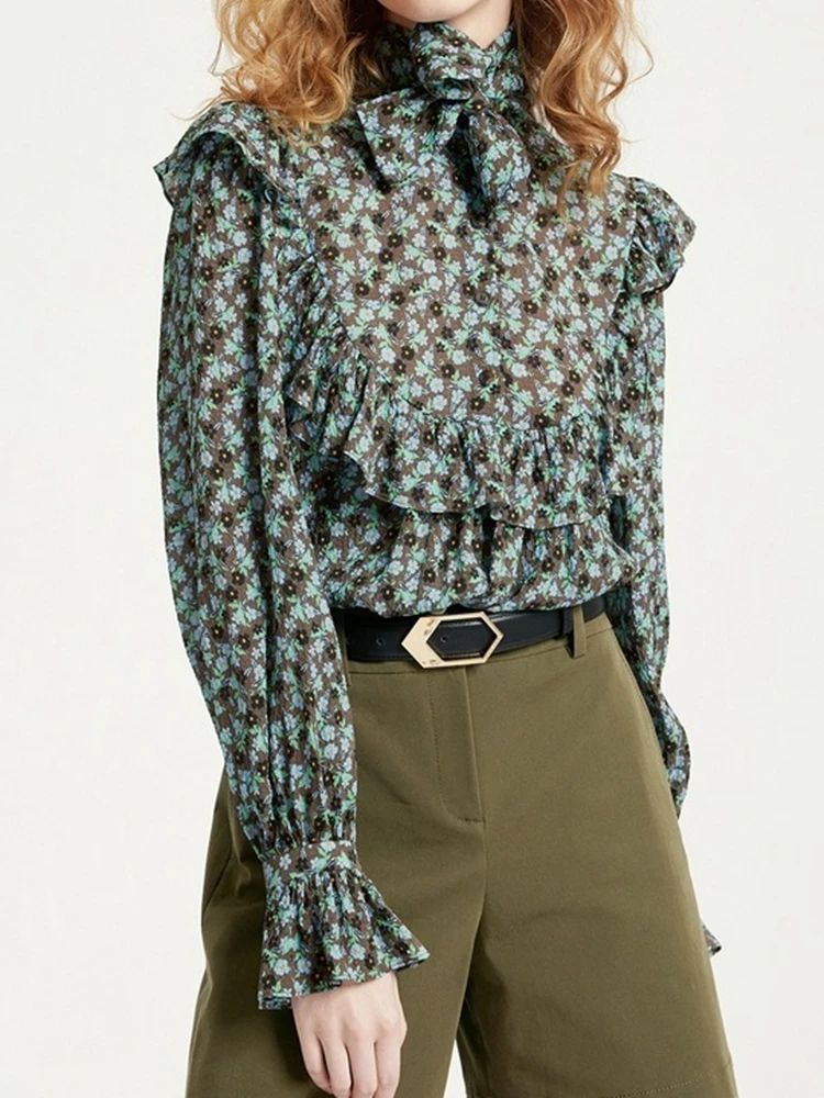 

Женская рубашка с длинным рукавом, блузка из 2023 шелка с романтическим пасторальным принтом в стиле ретро, 100%