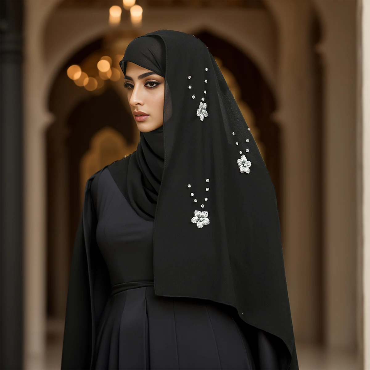 Женский шифоновый хиджаб однотонного цвета Цветочная пайетка бисероплетение