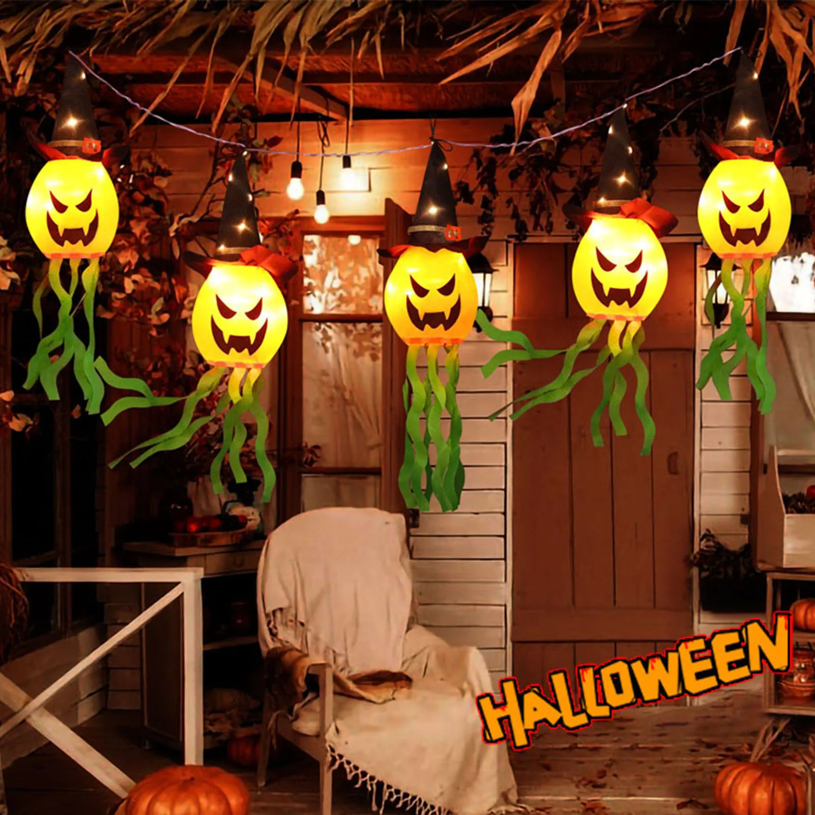 

Halloween Pumpkin Lights Scary Hanging Orange Pumpkin Wizard Hat White Ghost Decoration String Lights Party Decoration Lights