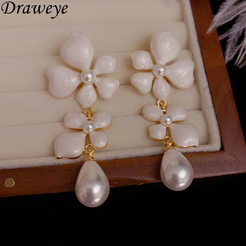Серьги Draweye с жемчугом и цветами для женщин винтажные корейские модные