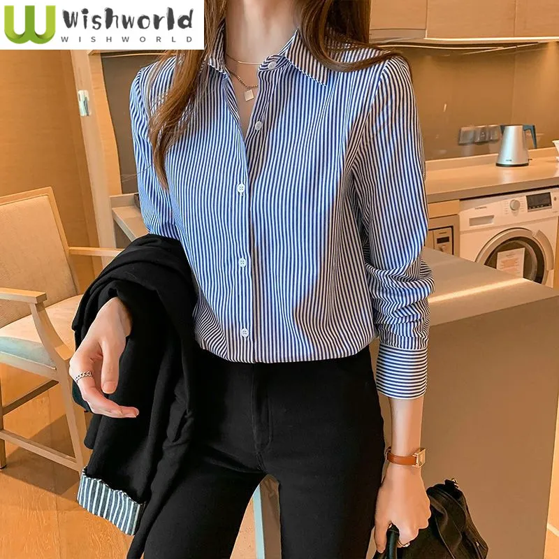 Summer New Stripe Spliced Long Sleeve Chiffon Shirt Casual Office Top Professional Business Shirt Blouse Clothing