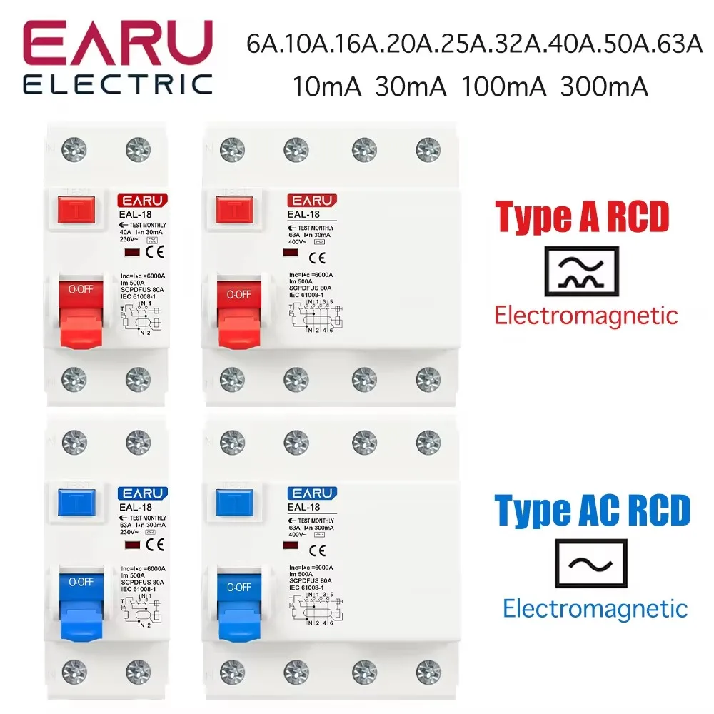 2P 4P A/AC Type 10mA 30mA 100mA 300mA Residual Current Leakage Short Circuit Protection RCD RCCB ELCB Breaker