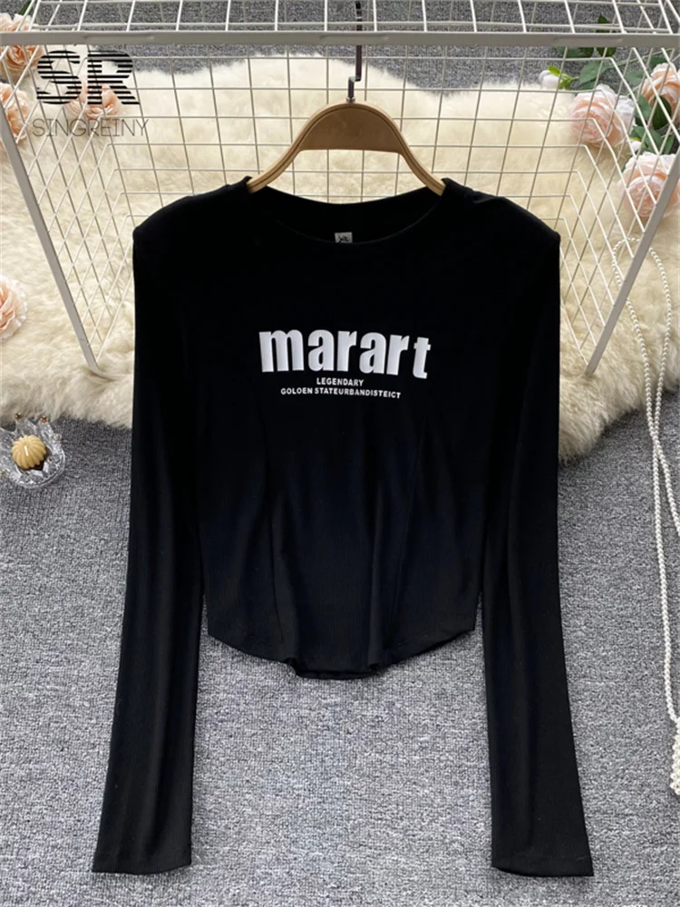 Летняя женская футболка SINGREINY с буквенным принтом и длинными рукавами Y2K