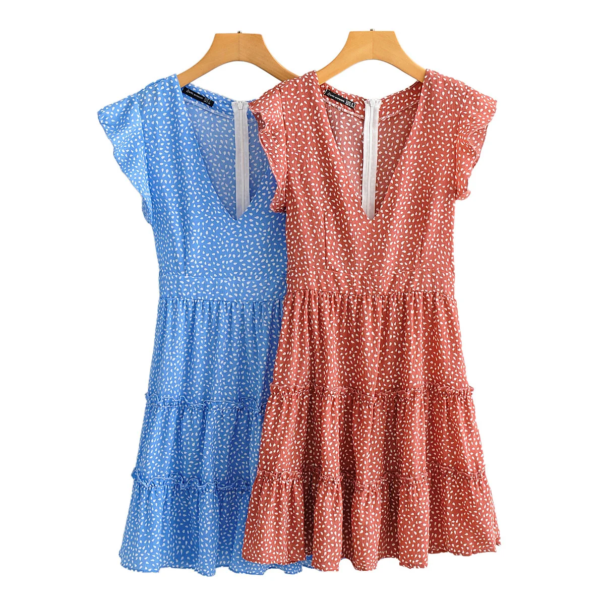 

wsevypo Women Ladies Casual Sleeveless Short Dress Dots Ruffles V-Neck Flared A-Line Mini Dress Summer OL Style Frilly Dress