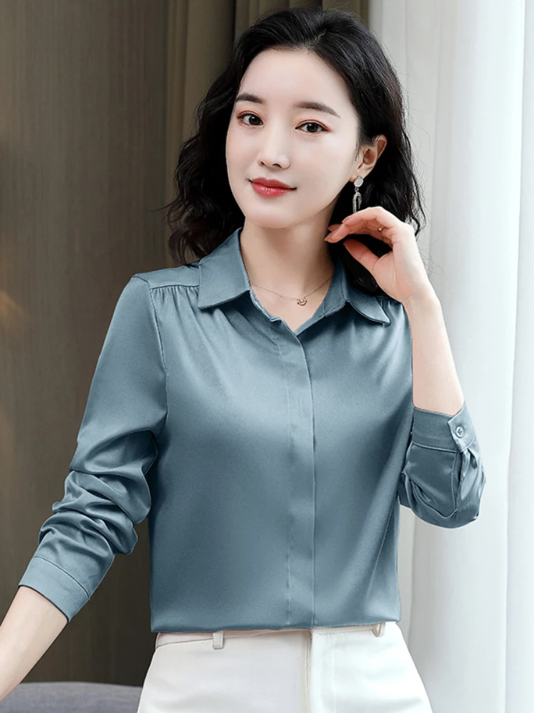 

Women Shirts Satin Long Sleeve Blouse Women Fashion Elegant White Shirt Solid Basic Womens Tops and Blouses New Female Clothing
