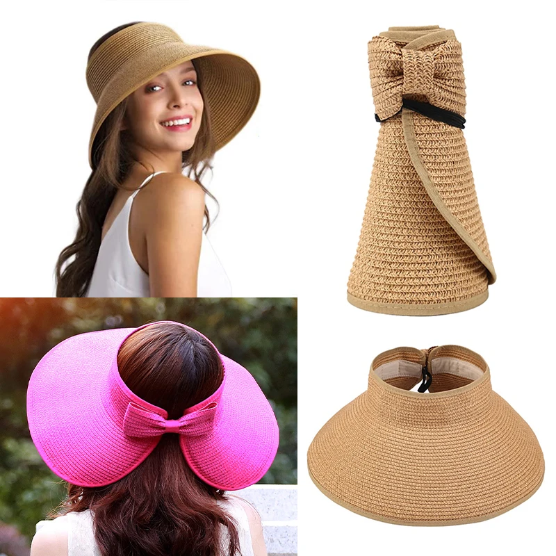 

Sunscreen Empty Straw Hat Women Roll Up Sun Visor Wide Brim Straw Hat Summer Foldable Packable UV Protection Cap for Beach