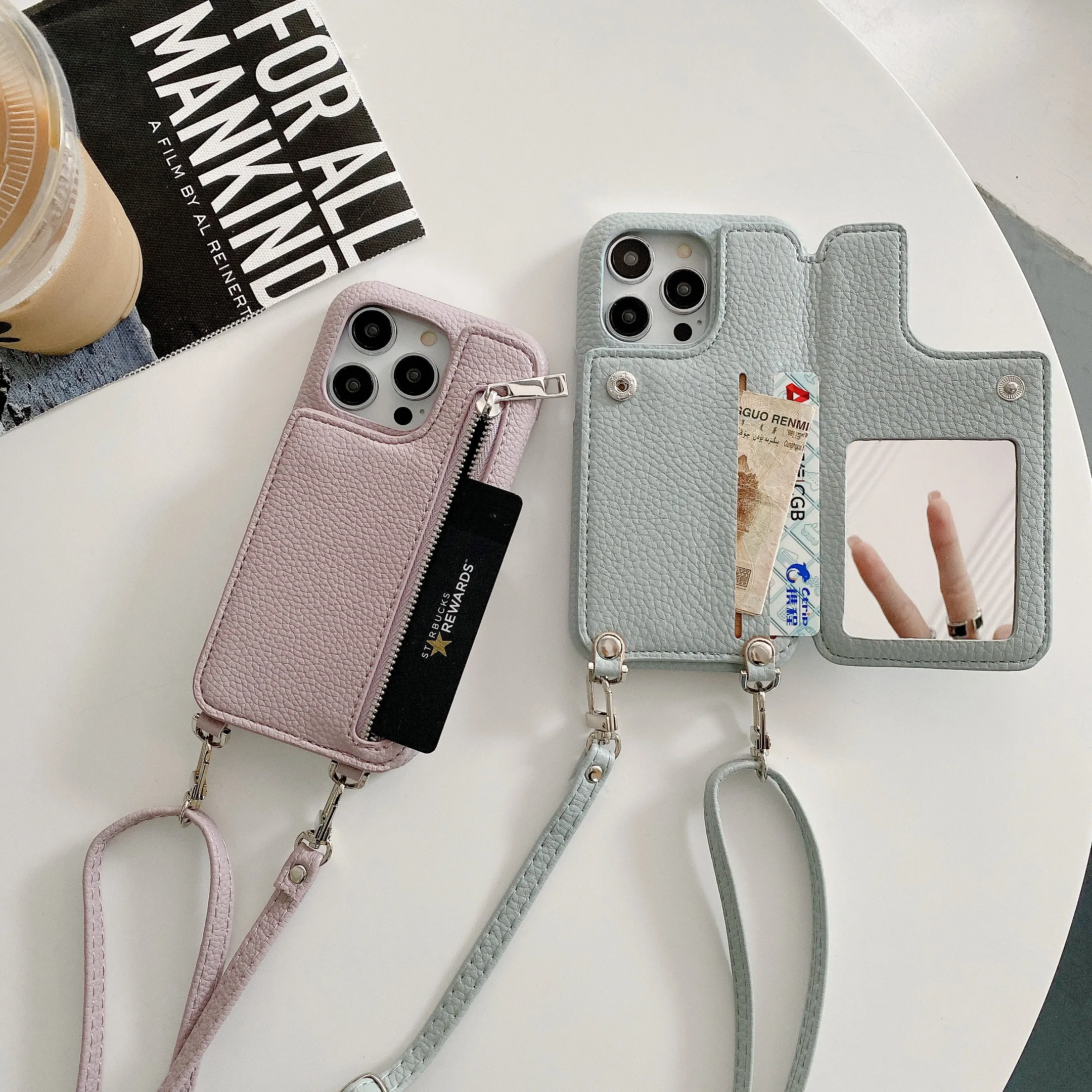 For iPhone14 pro max13 12 mini 11 X XR XSMAX 7 8 plus Built-in mirror zipper card diagonally across phone case