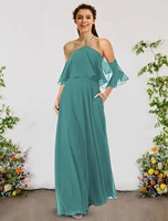 a line bridesmaid dress halter neck sleeveless elegant floor length chiffon with ruffles vestidos de fiesta para bodas