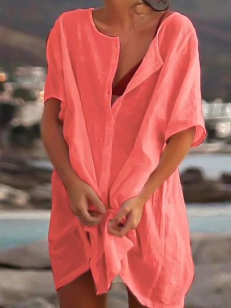 

Женское однобортное платье-рубашка с коротким рукавом, свободного покроя