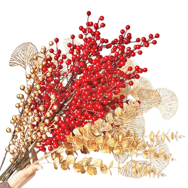 

10pcs Artificial Red Berry Flowers Bouquet Gold Ginkgo Eucalyptus Fake Plant Wedding Arch New Year Home Party Christmas Decor