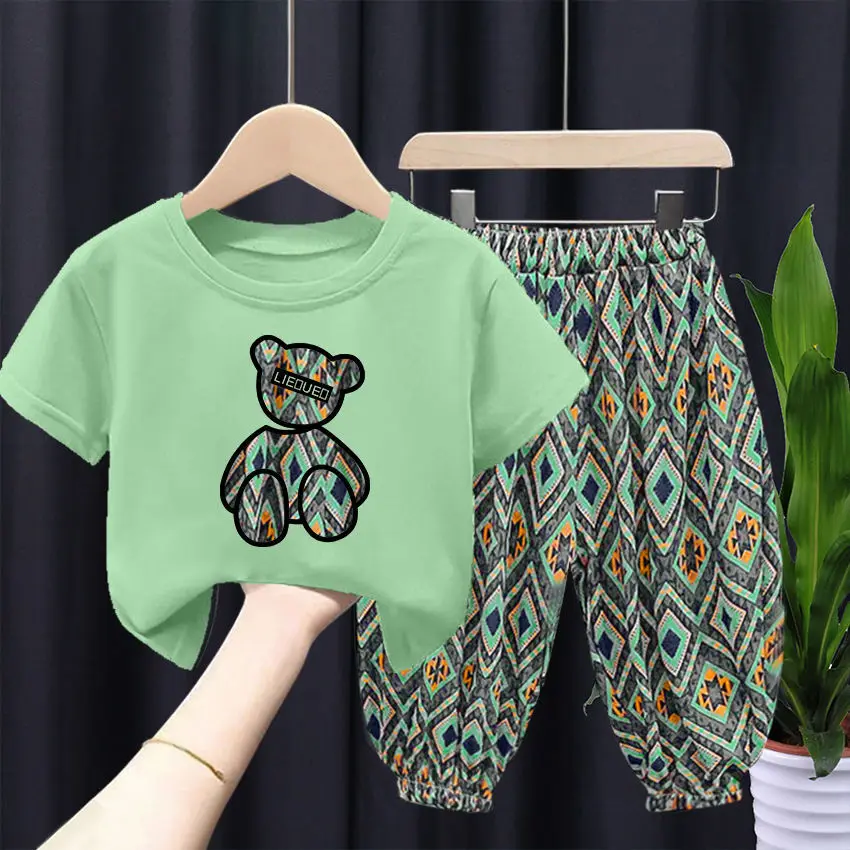 

Korean Children's Cotton Clothing 2023 Kid Boys Girl Cartoon Bear Print Tshirts and Shorts Set Top Pant 2Pcs Outfits Loungewear