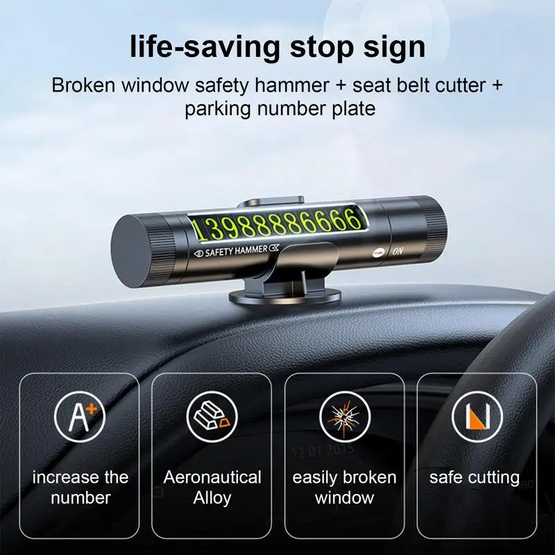 

Car Temporary Parking Card Phone Number Card Plate 3 In 1 Multifunctional Car Seatbelt Cutter Window Breaker Car Accessories