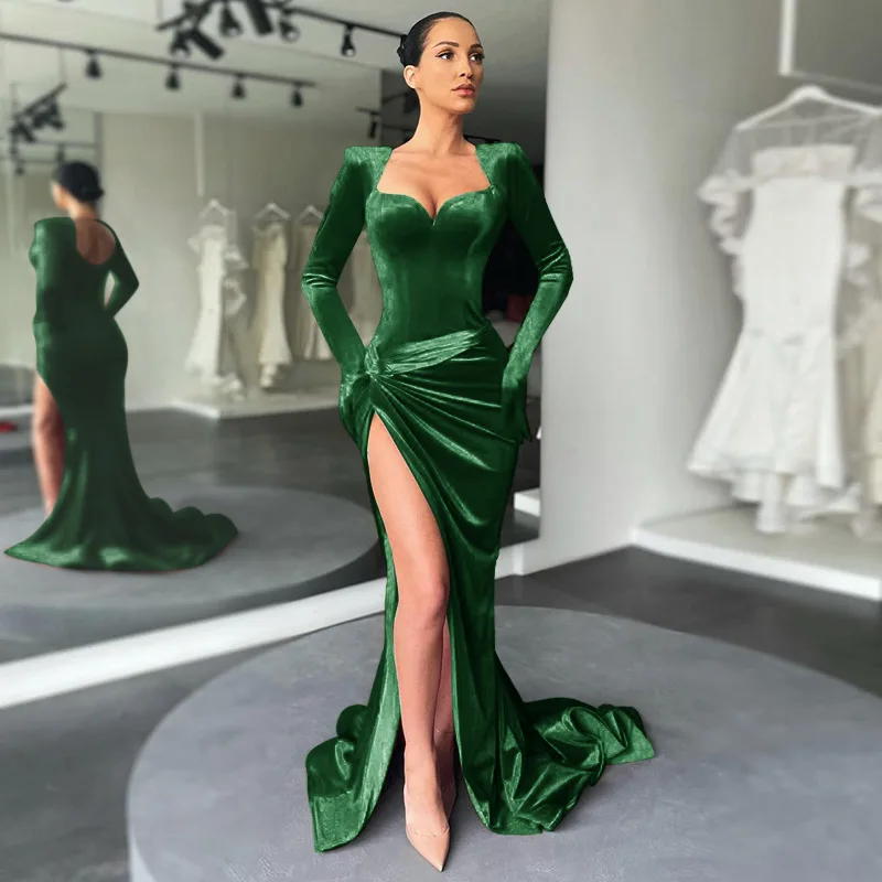

2022 New Women Sexy Formal Dress High Split Deep V-neck Long Sleeve Elegant Autumn Winter Evening Dresses