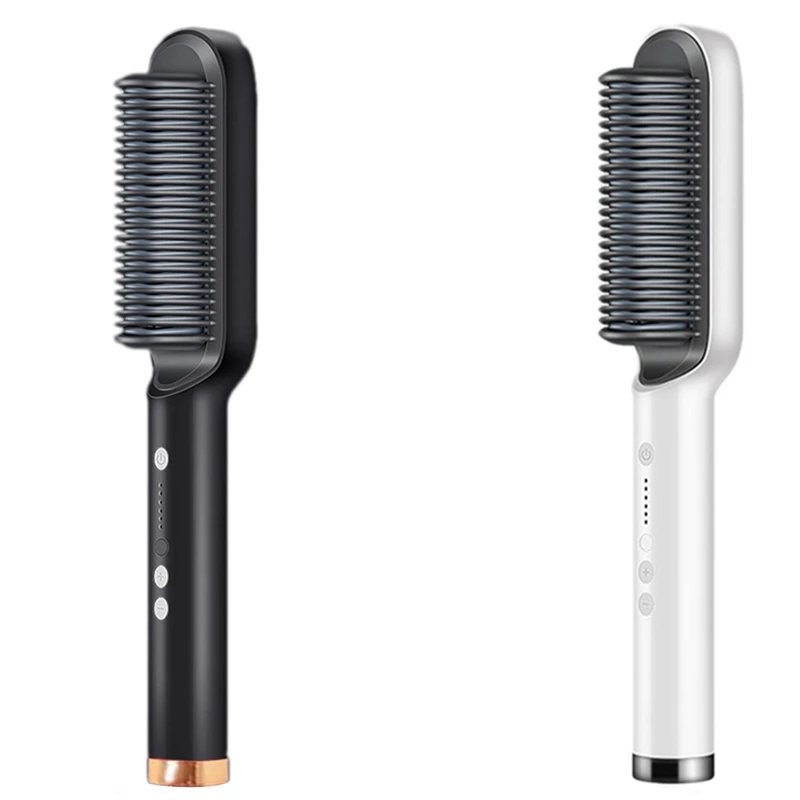 

2X PTC Heating Hair Straightener Curler Brush Hair Comb Brush Straight Curler Beard Brush EU Plug Black & White