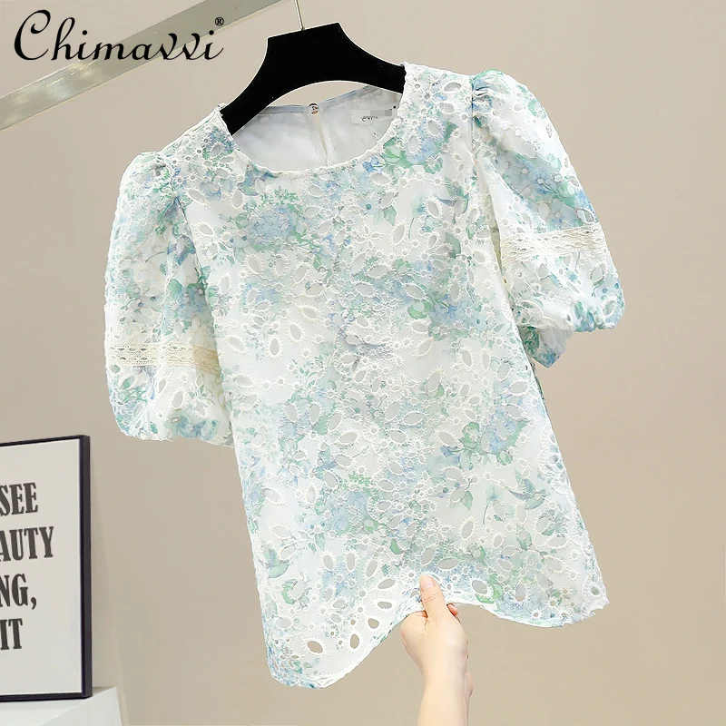 

Vintage Crumpled Puff Sleeve Crocheted Hollow Design Shirt 2022 Spring New Fashion Floral Lace Loose All-Matching Elegant Blouse