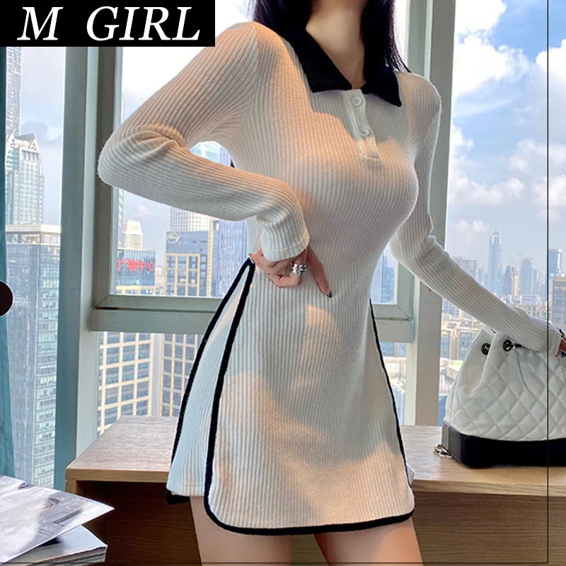 M GIRLS   Women's Dress Korean Style Temperament Sexy Casual Long  T-shirt Dresses Spring Summer Female Slim A-Line Vestido