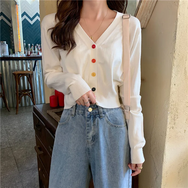 

Women's Knitted Sweater Rainbow Color Button Up Thin V-neck Slim Cardigan Long-sleeved Jacket Cardigan Casual Slim Coats