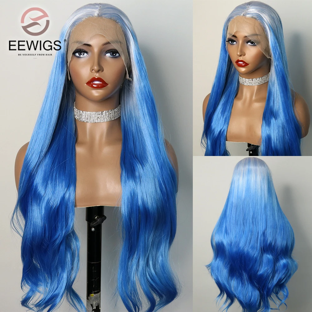 Body Wave Synthetic Blue Ombre Color 30 Inch 13×4 Transparent Lace Front Wigs For Women Prepluck With Baby Hair Drag Queen Daily