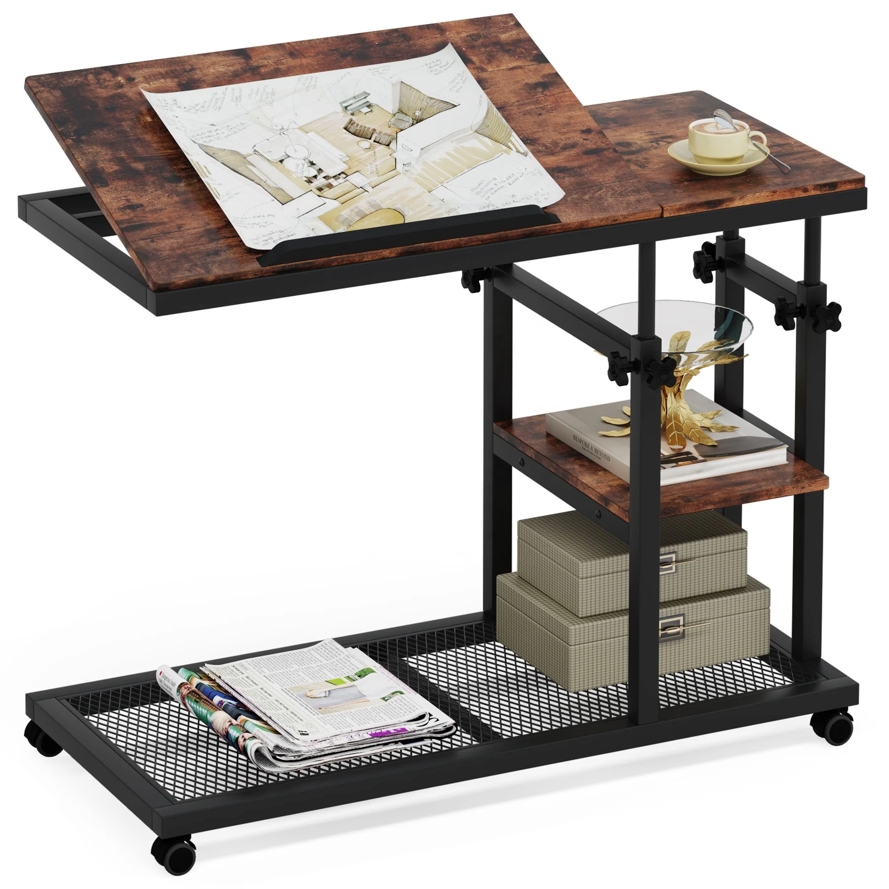 

Living Room Bedroom Mobile Slide Height Adjustable Under Couch Sofa Snack End Coffee Side Table With wheels Castors