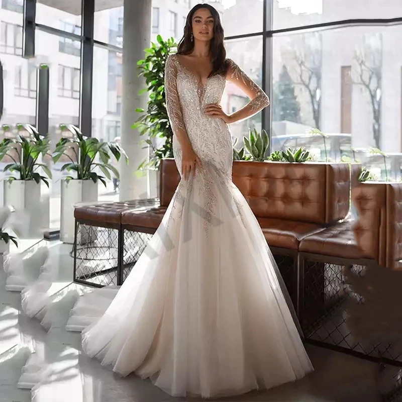 

Exquisite Wedding Dresses Beads Sequin Stunning Appliques Woman Vestidos De Novia 3/4 Sleeve Mermaid O Neck Robe de mariee