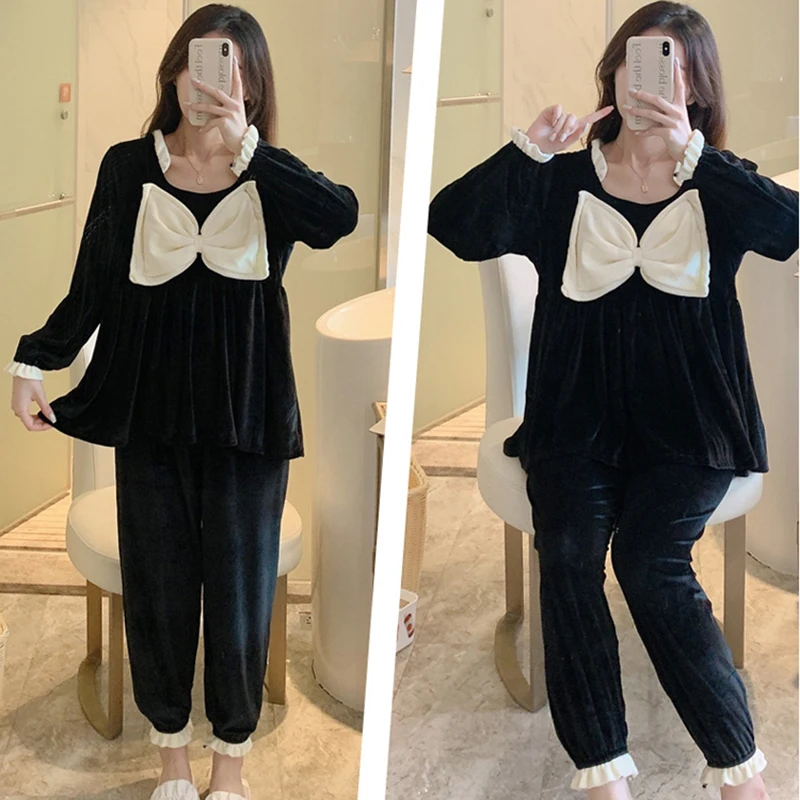 Winter Spring Women Girl Pajamas Fashion Cute Solid Color Velvet Sleepwear Sets Home Clothes