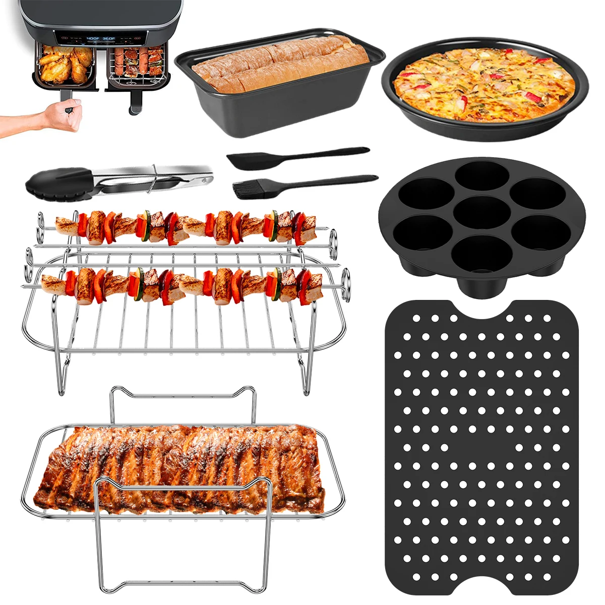 

L 9 Pcs Dual Air Fryer Accessories with Nonstick Silicone Air Fryer Loaf Pan Reusable Air Fryer Pizza Pan Stainless Steel