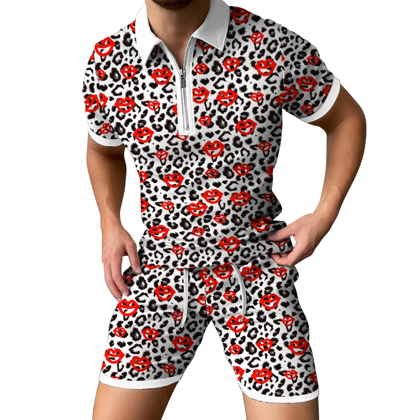 

Spring and Summer men's Polo Shirt Suit 2022 New Zipper Fashion Color Printing Beach men's Casual Short-sleeved Shorts
