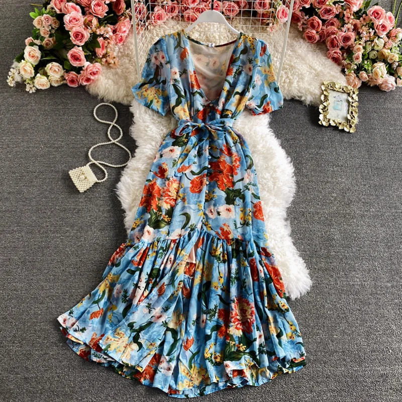 

Fashion Women Beach Style Chiffon Print Dress Summer V-Neck Dress