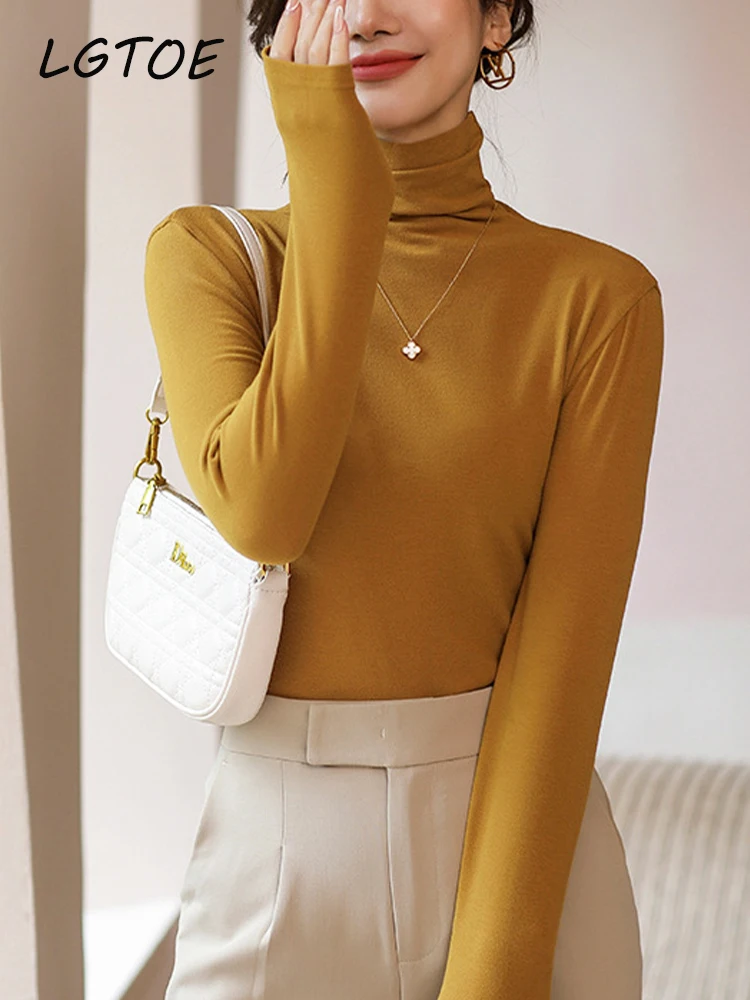 

Простая Базовая Повседневная Однотонная футболка, женские осенне-зимние футболки Y2k, корейские универсальные облегающие футболки с высоки...