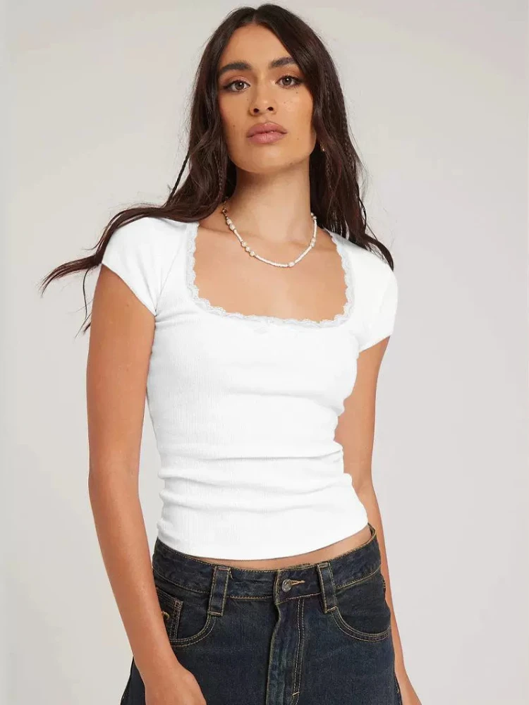 Кружевная укороченная футболка Deeptown Y2k с U-образным вырезом