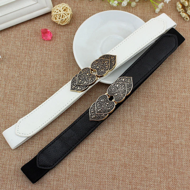 

Female Thin Belt Elastic Alloy Buckle Waistband for Women Double Heart Waist Seal Dress Sweater Clothing Accessories