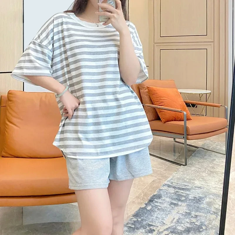 Pajamas Women'S 2 Piece Set Summer 100% Cotton  Korean Kawaii Nightwear Short Sleeve Striped Casual Loose Homewear Set