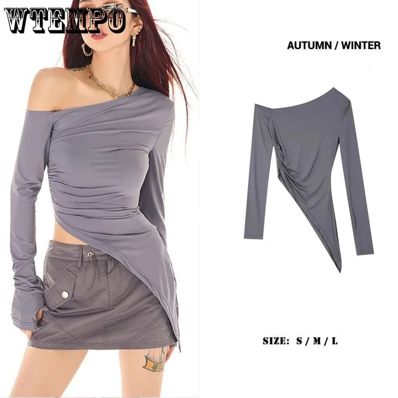 

Американский винтажный топ с косым плечом для девушек, приталенная пикантная женская футболка, простая повседневная Уличная одежда, корейская мода, весна-лето