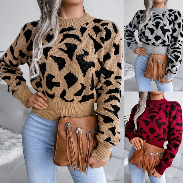 Fashion knitted o neck sweater for women pullover Autumn and winter leisure leopard print waist knit short sweater jumpers tops 6