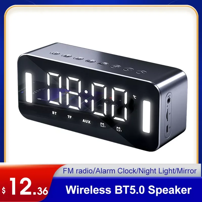 

BT Wireless Speaker FM radio Mirror/Alarm Clock/Night Light/Temperature Sensor Multi-function Speakers Stereo Bass Music Player