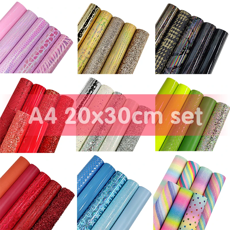 

5pcs/set 21*30cm Faux Leather Sheets Purple Assorted Sparkle Glitter Holographic Mermaid Pattern Synthetic for DIY Bows Earrings