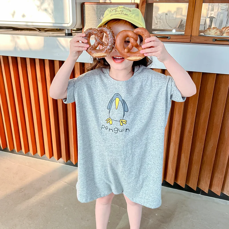 

Summer Unisex penguin printing short sleeve jumpsuits Girls Boys cotton oversized cool bodysuits