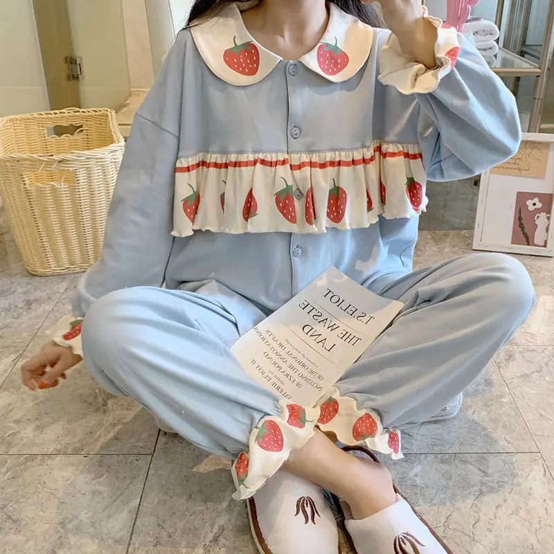 Pajama Set Women Kawaii Sleepwear Doll Collar Ruffles Strawberry Print Pijamas Japanese Teen Girls Home Clothes Cute Pyjamas
