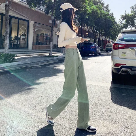Mint Green High Waist Wide Leg Jeans Women's Spring and Summer Simple Y2k Cotton Elastic Loose Slender Mopping Straight Jeans