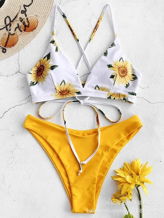 

Bikini Swimwear Women 2022 Swimsuit Sunflower Print New Swimsuit Bikini