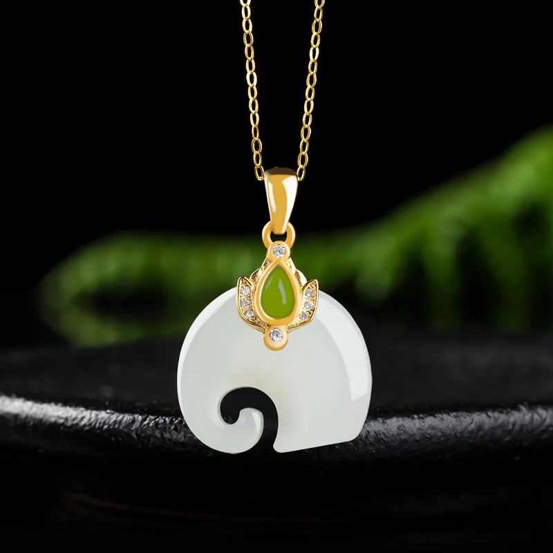 

Mai Chuang/Hand Carved/Hetian White Jade Elephant Emerald Necklace Pendant Fashion Elegant Jewelry Men and Women Couple Gift