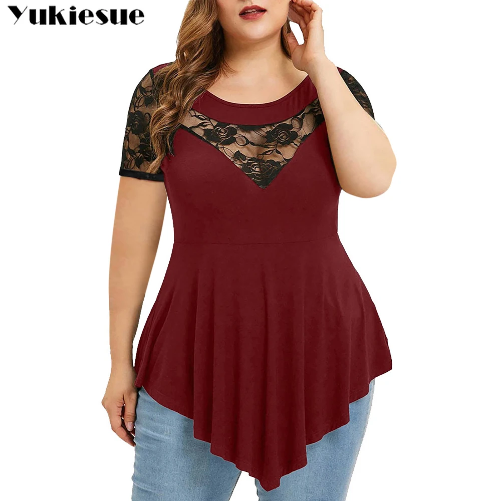 Женская Кружевная футболка с коротким рукавом размеры до 5XL |