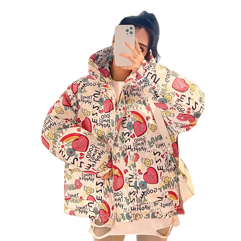 Parkas Women down Cotton-Padded Coat for Women Floral Short Bread Coat Loose Hooded Coat Winter Coat Women