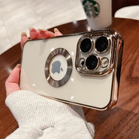 luxury cutout reveal logo with lens protector clear case for iphone 13 12 11 pro max xr xs x 7 8 plus transparent silicone cover